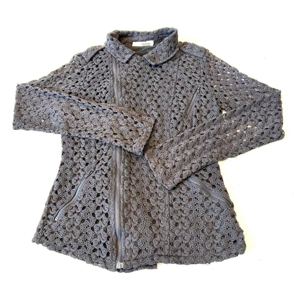 Miilla Crochet Moto Sweater Women's Size Small Zippered Long Sleeve Gray